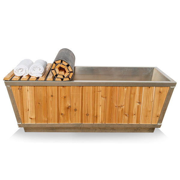 Dundalk clear cedar roll-up cover on a cedar cold plunge tub