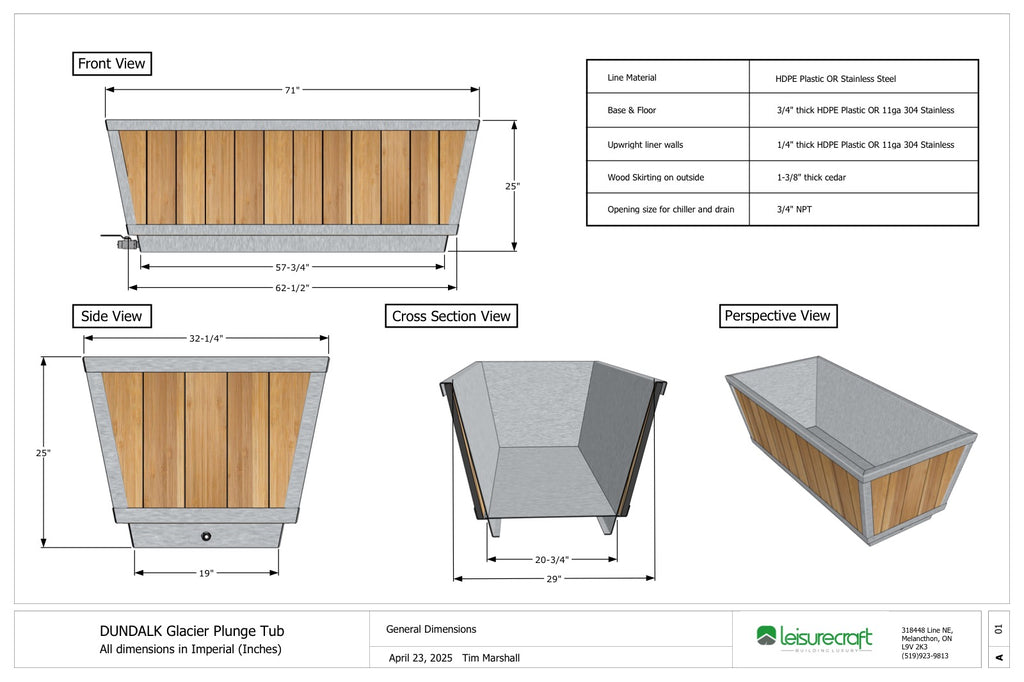 Dundalk Glacier Plunge Tub dimensioned drawing, 71 by 33 by 25 inches
