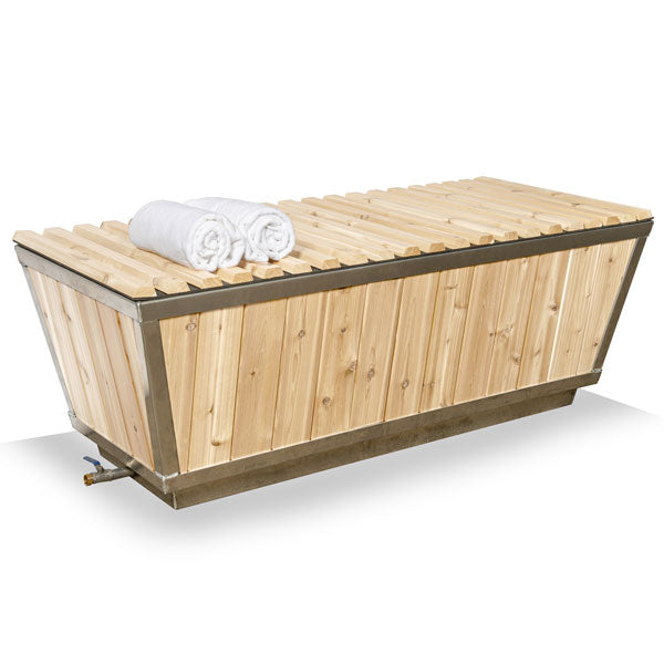 Dundalk Polar Plunge Tub with cedar lid and rolled towels, product view