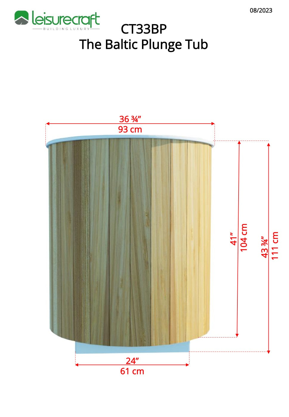 Dundalk Baltic Plunge Tub dimensioned drawing, 36-3/4 inch diameter by 43-3/4 inches tall