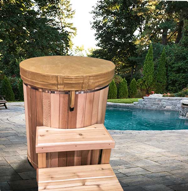 Dundalk tan insulated vinyl cover, poolside cold plunge setup