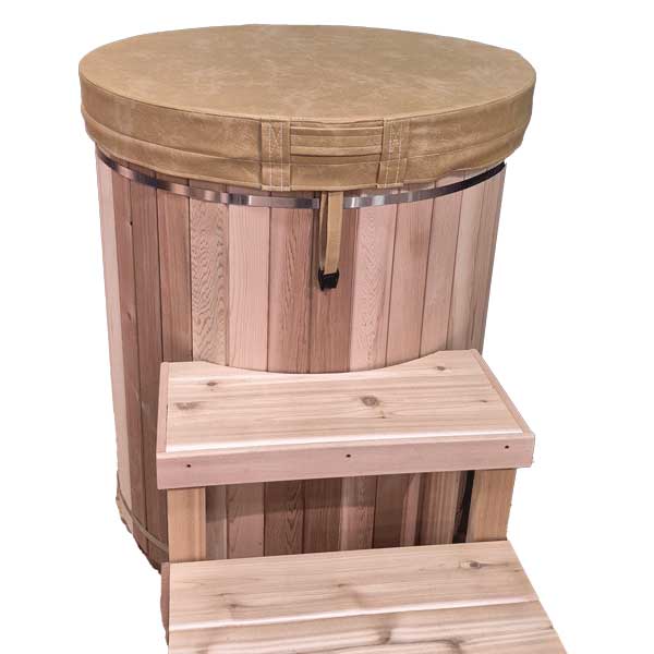 Dundalk tan insulated vinyl cover on a cedar cold plunge tub