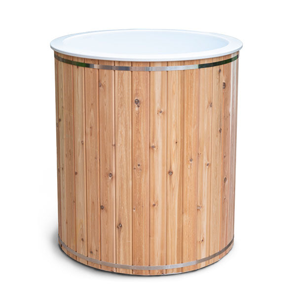 Dundalk Baltic Cedar Cold Plunge Tub, front view of the cedar barrel