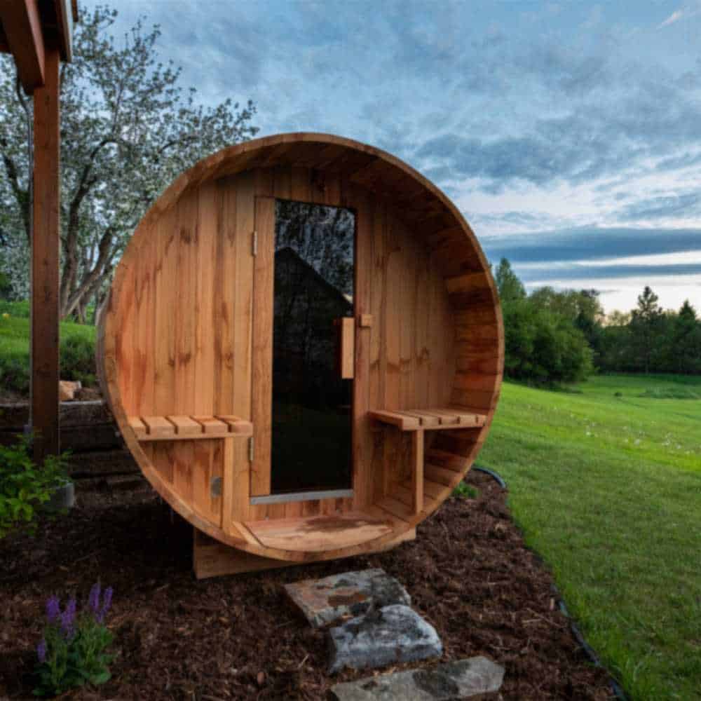 Aleko Red Cedar Barrel Sauna: 6-8 Person - Panoramic View - Porch Canopy - Bitumen Shingle Roofing - Image 3