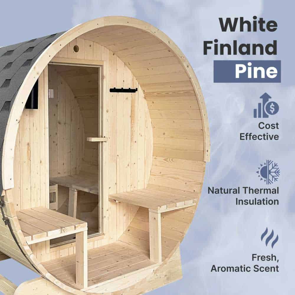 Aleko White Pine Barrel Sauna 2-4 Person - Porch Canopy - Bitumen Shingle Roofing - Image 8