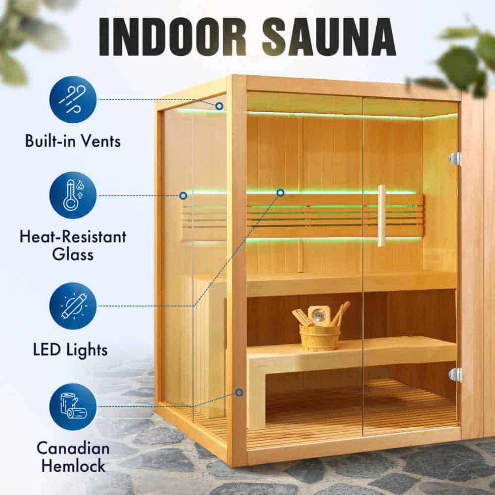 Aleko Canadian Hemlock Traditional Indoor Sauna with LED Lights: 4-6 Person (STHE4INNY-AP) - Image 3