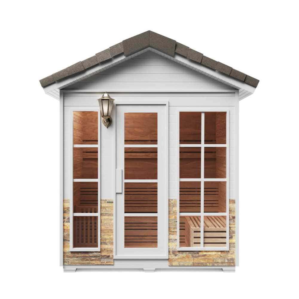 Aleko Outdoor Canadian Red Cedar Sauna: 4-6 Person - Stone Finish - Bitumen Roofing