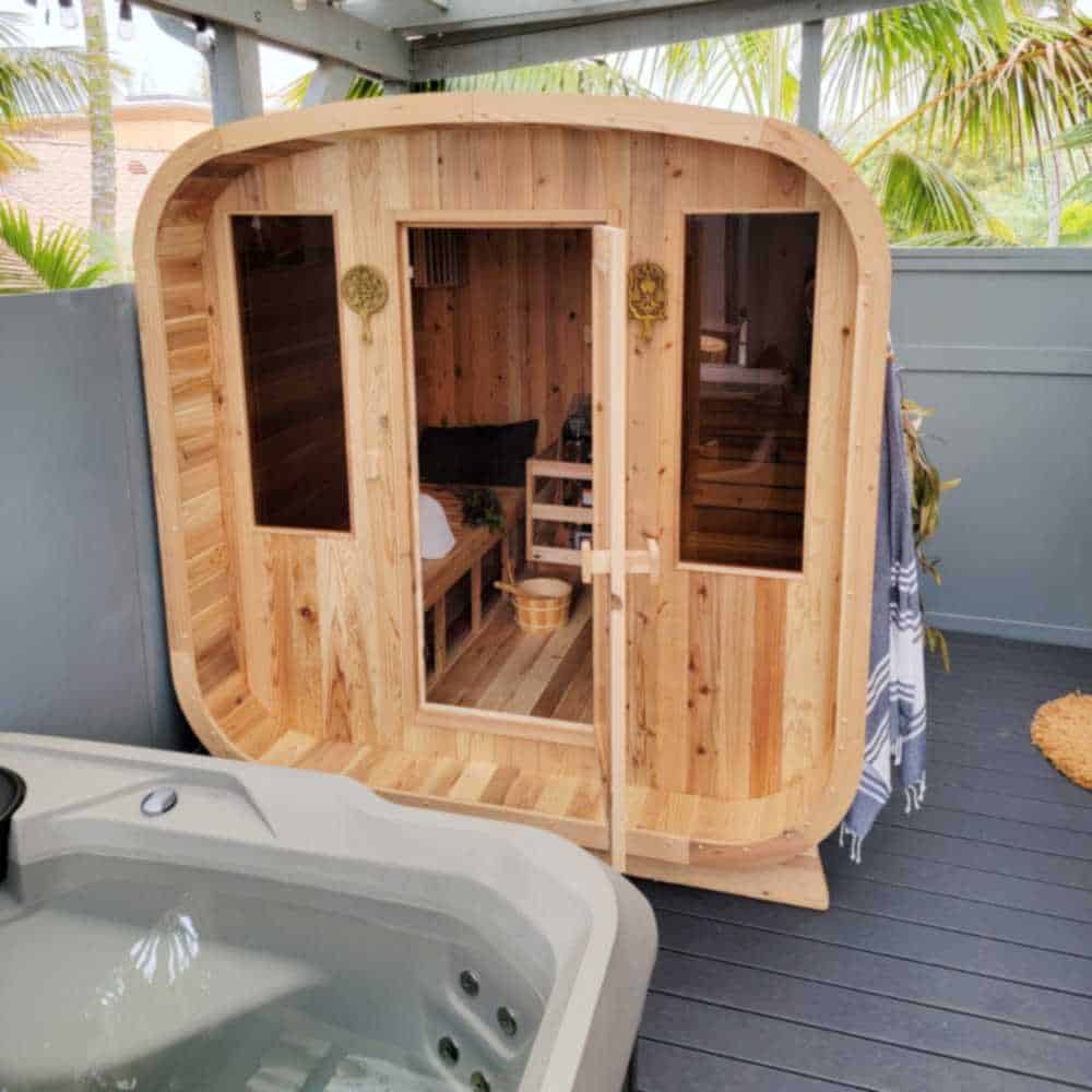 Aleko Rustic Cedar Square Sauna: 4-6 Person - Bitumen Shingle Roof - Image 2