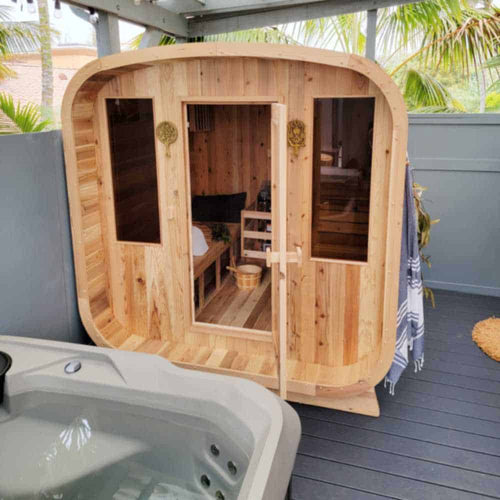 Aleko Rustic Cedar Square Sauna: 4-6 Person - Bitumen Shingle Roof - Image 2