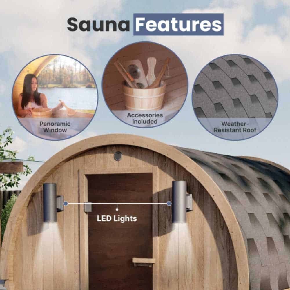 Aleko Red Cedar Barrel Sauna: 6-8 Person - Panoramic View - Bitumen Shingle Roofing (SB8CEDAR-AP) - Image 4