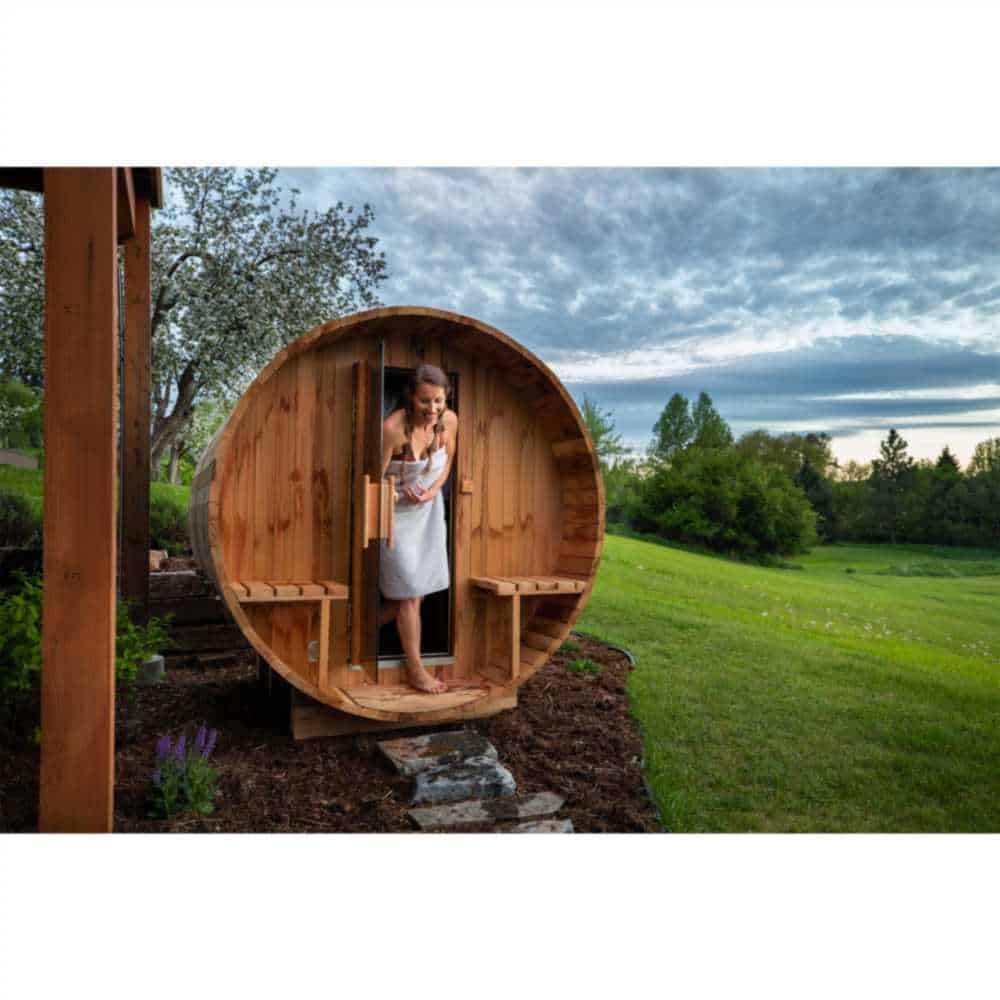 Aleko Red Cedar Barrel Sauna: 6-8 Person - Panoramic View - Porch Canopy - Bitumen Shingle Roofing - Image 6