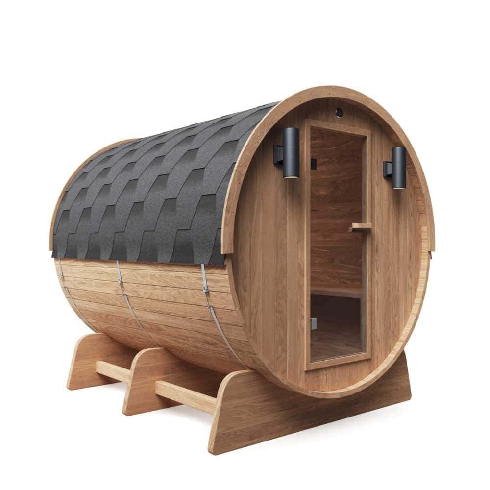 Aleko Red Cedar Barrel Sauna: 6-8 Person - Panoramic View - Bitumen Shingle Roofing (SB8CEDAR-AP)