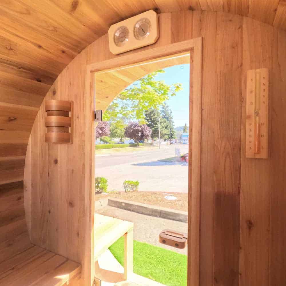 Aleko Red Cedar Barrel Sauna: 6-8 Person - Panoramic View - Porch Canopy - Bitumen Shingle Roofing - Image 5