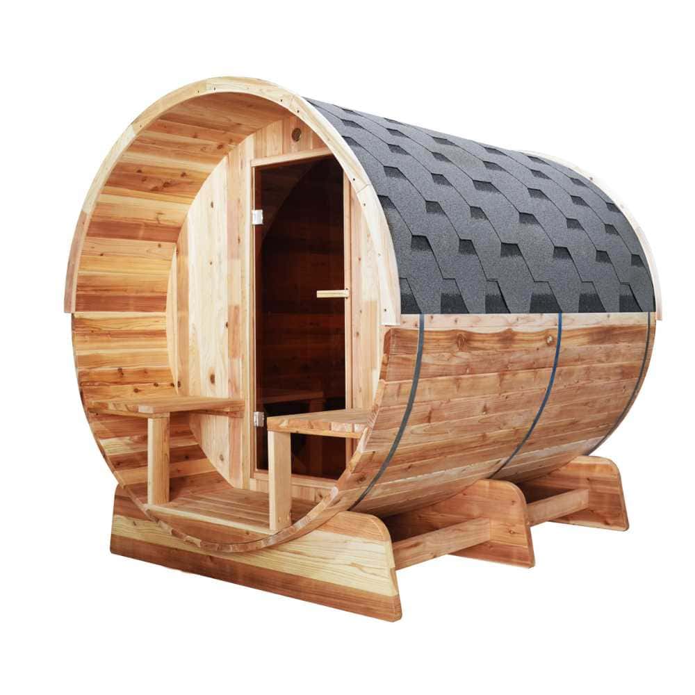 Aleko Red Cedar Barrel Sauna: 6-8 Person - Panoramic View - Porch Canopy - Bitumen Shingle Roofing