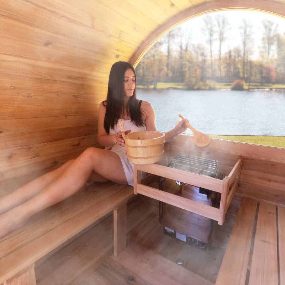 Aleko Red Cedar Barrel Sauna: 6-8 Person - Panoramic View - Porch Canopy - Bitumen Shingle Roofing - Image 2