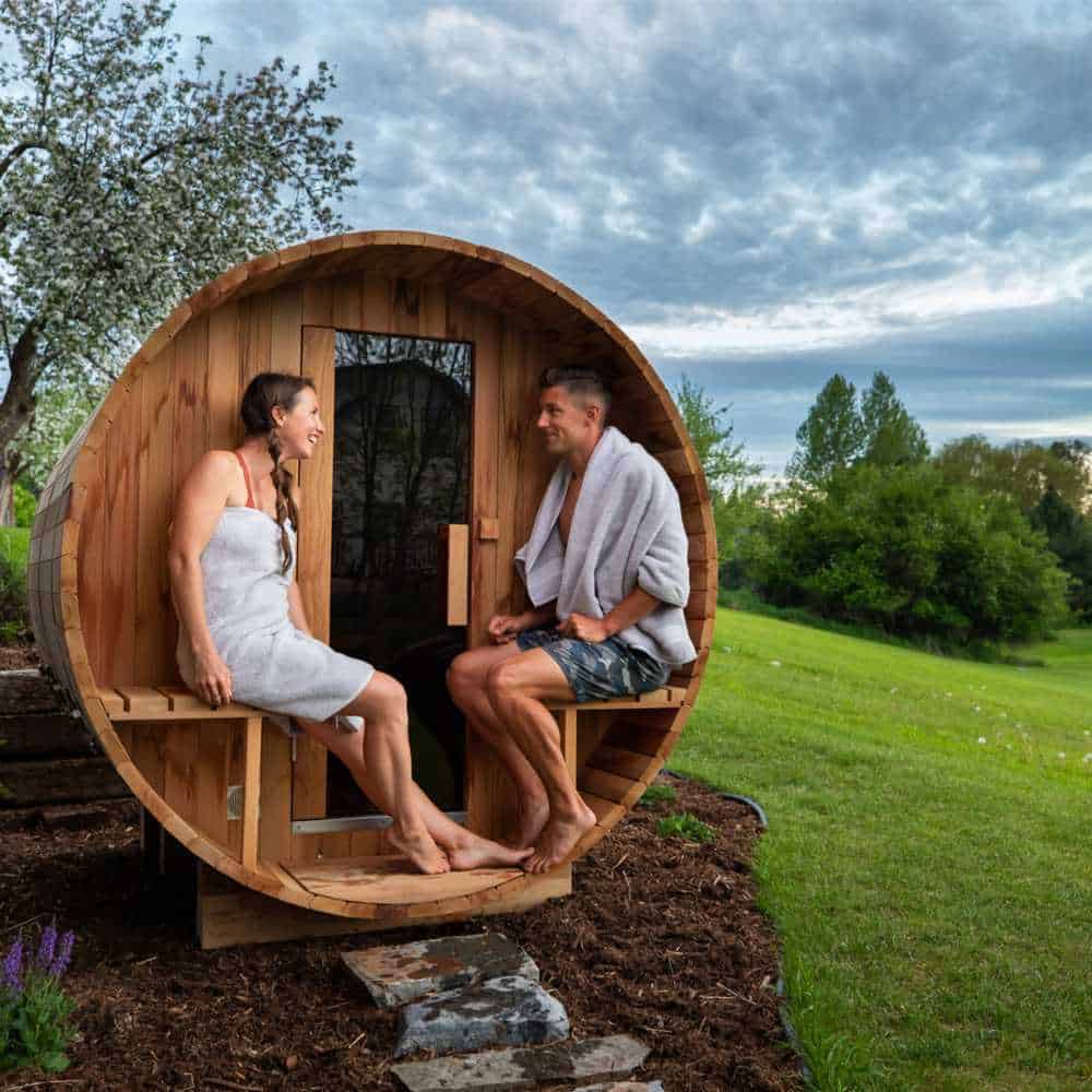Aleko Red Cedar Barrel Sauna: 6-8 Person - Panoramic View - Porch Canopy - Bitumen Shingle Roofing - Image 8