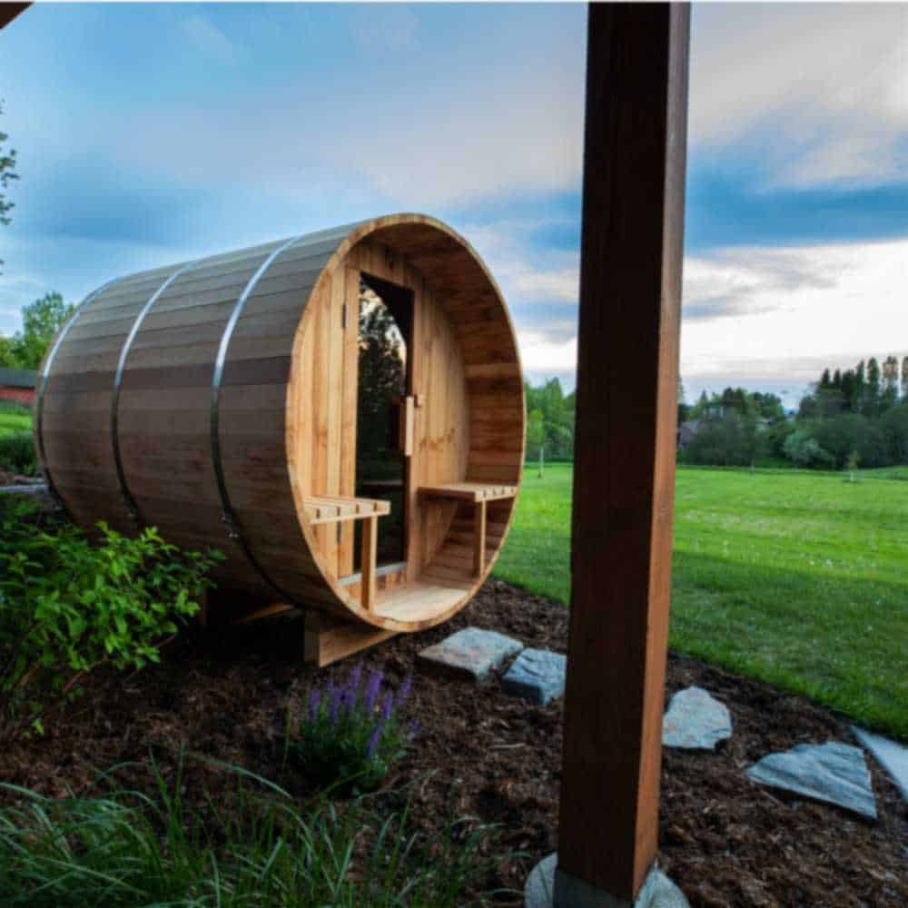 Aleko Red Cedar Barrel Sauna: 6-8 Person - Panoramic View - Porch Canopy - Bitumen Shingle Roofing - Image 7