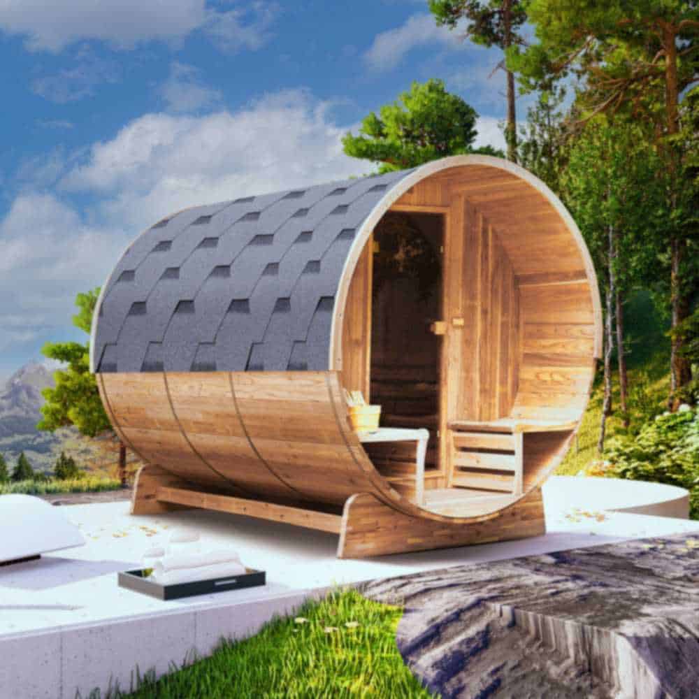 Aleko Rustic Cedar Barrel Sauna 2-4 Person - Porch Canopy - Bitumen Shingle Roofing (SB4CED-AP) - Image 4