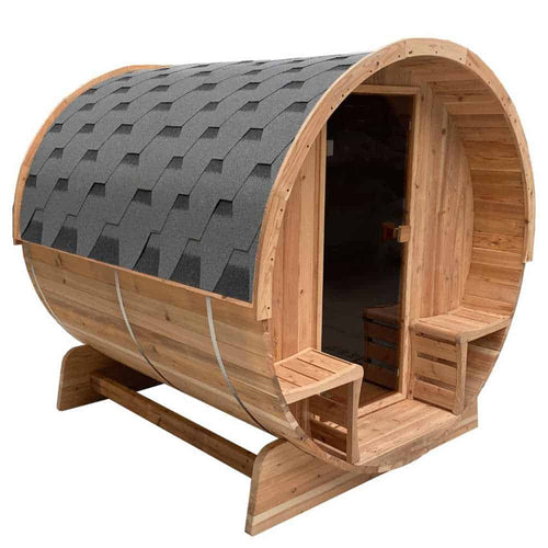 Aleko Rustic Cedar Barrel Sauna 2-4 Person - Porch Canopy - Bitumen Shingle Roofing (SB4CED-AP)