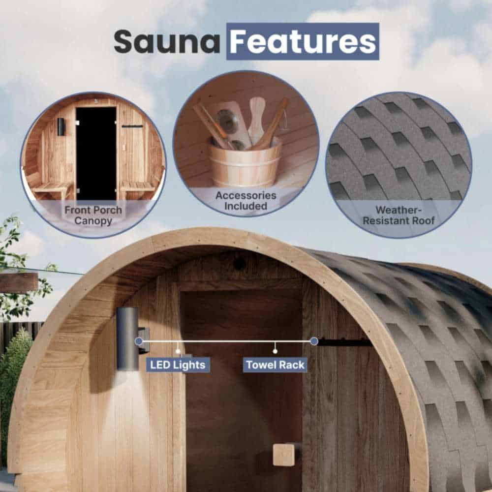 Aleko Rustic Cedar Barrel Sauna 4-6 Person - Porch Canopy - Bitumen Shingle Roofing (SB6CED-AP) - Image 7