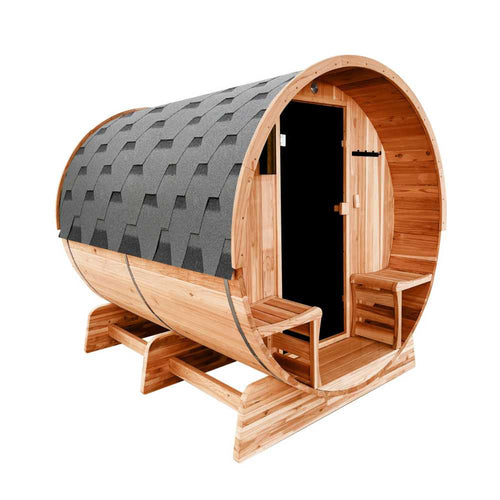 Aleko Rustic Cedar Barrel Sauna 4-6 Person - Porch Canopy - Bitumen Shingle Roofing (SB6CED-AP)