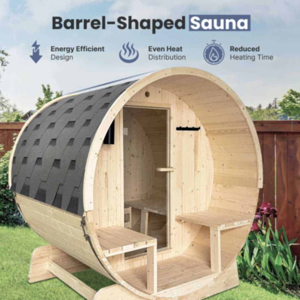 Aleko White Pine Barrel Sauna 2-4 Person - Porch Canopy - Bitumen Shingle Roofing - Image 7