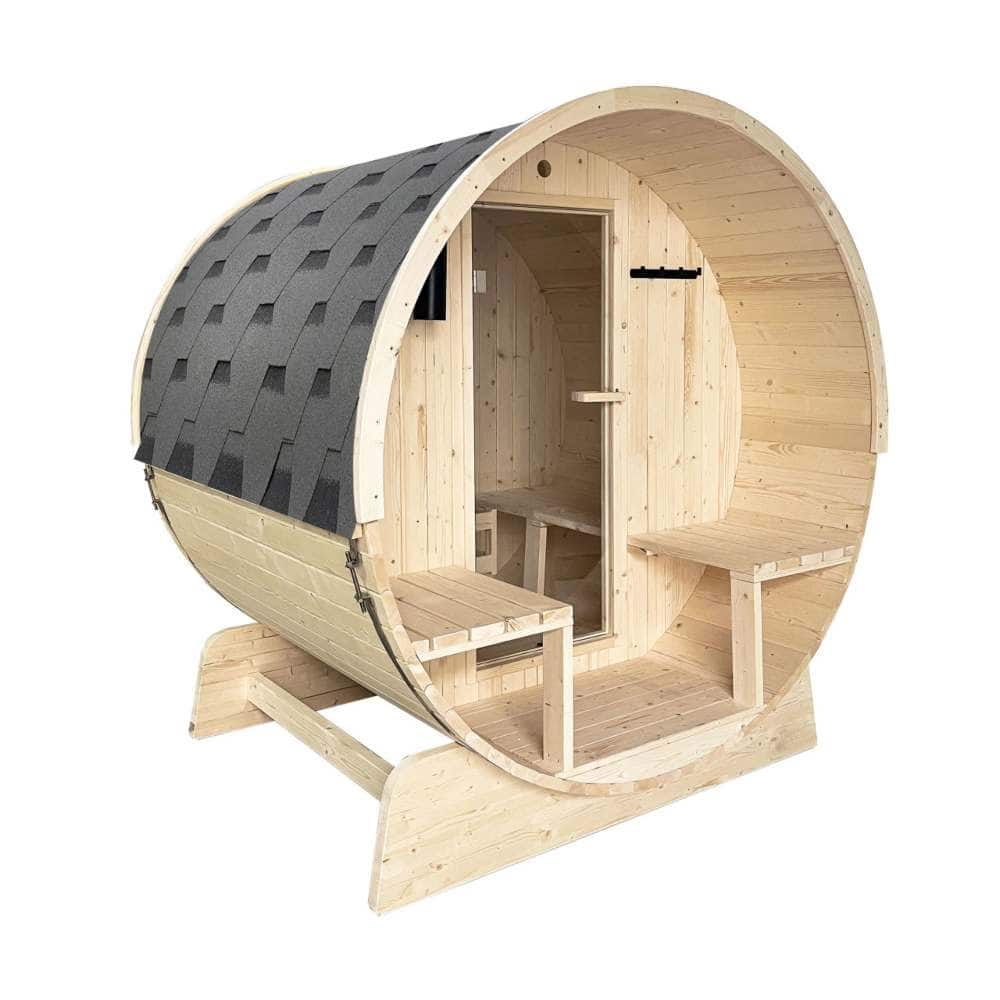 Aleko White Pine Barrel Sauna 2-4 Person - Porch Canopy - Bitumen Shingle Roofing