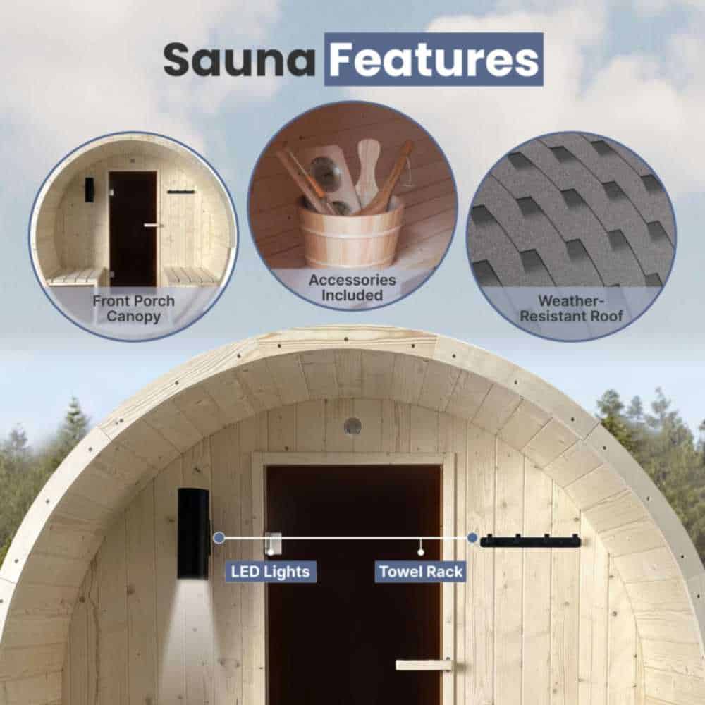 Aleko White Pine Barrel Sauna: 6-8 Person - Porch Canopy - Bitumen Shingle Roofing - Image 7