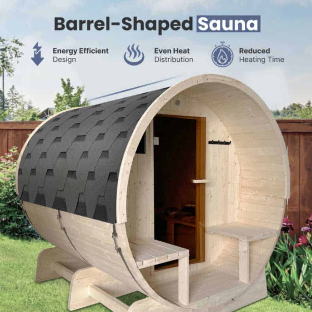 Aleko White Pine Barrel Sauna: 6-8 Person - Porch Canopy - Bitumen Shingle Roofing - Image 5
