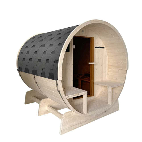 Aleko White Pine Barrel Sauna: 6-8 Person - Porch Canopy - Bitumen Shingle Roofing