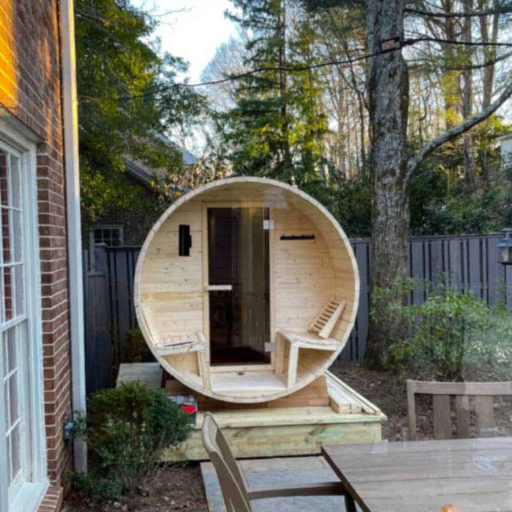 Aleko White Pine Barrel Sauna: 6-8 Person - Porch Canopy - Bitumen Shingle Roofing - Image 2