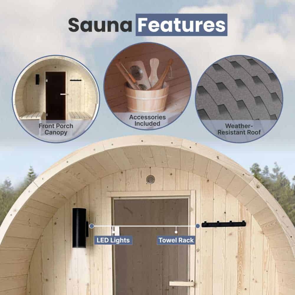 Aleko White Pine Barrel Sauna 2-4 Person - Porch Canopy - Bitumen Shingle Roofing - Image 9