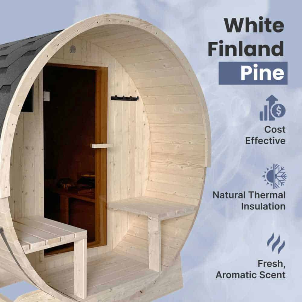 Aleko White Pine Barrel Sauna: 6-8 Person - Porch Canopy - Bitumen Shingle Roofing - Image 6