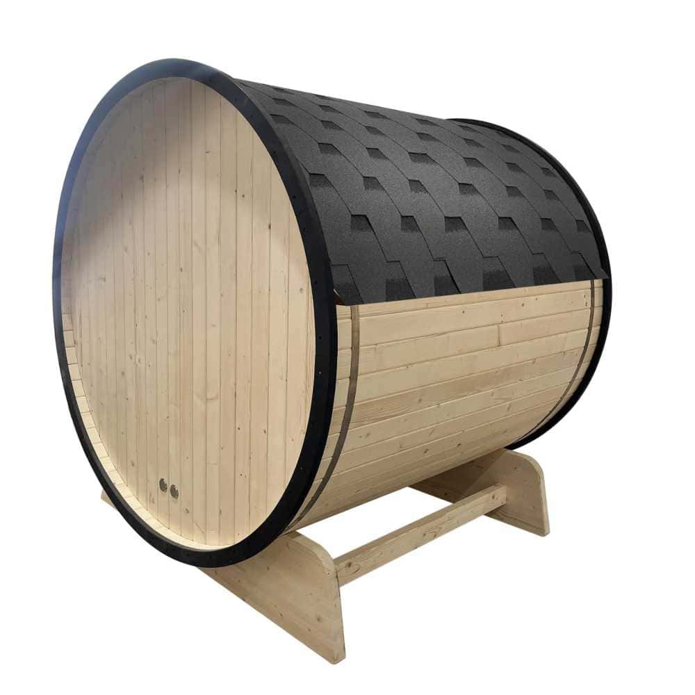 Aleko White Pine Barrel Sauna: 2-4 Person - Black Accents - Porch Canopy - Bitumen Shingle Roofing (SB4PINE-AP) - Image 4