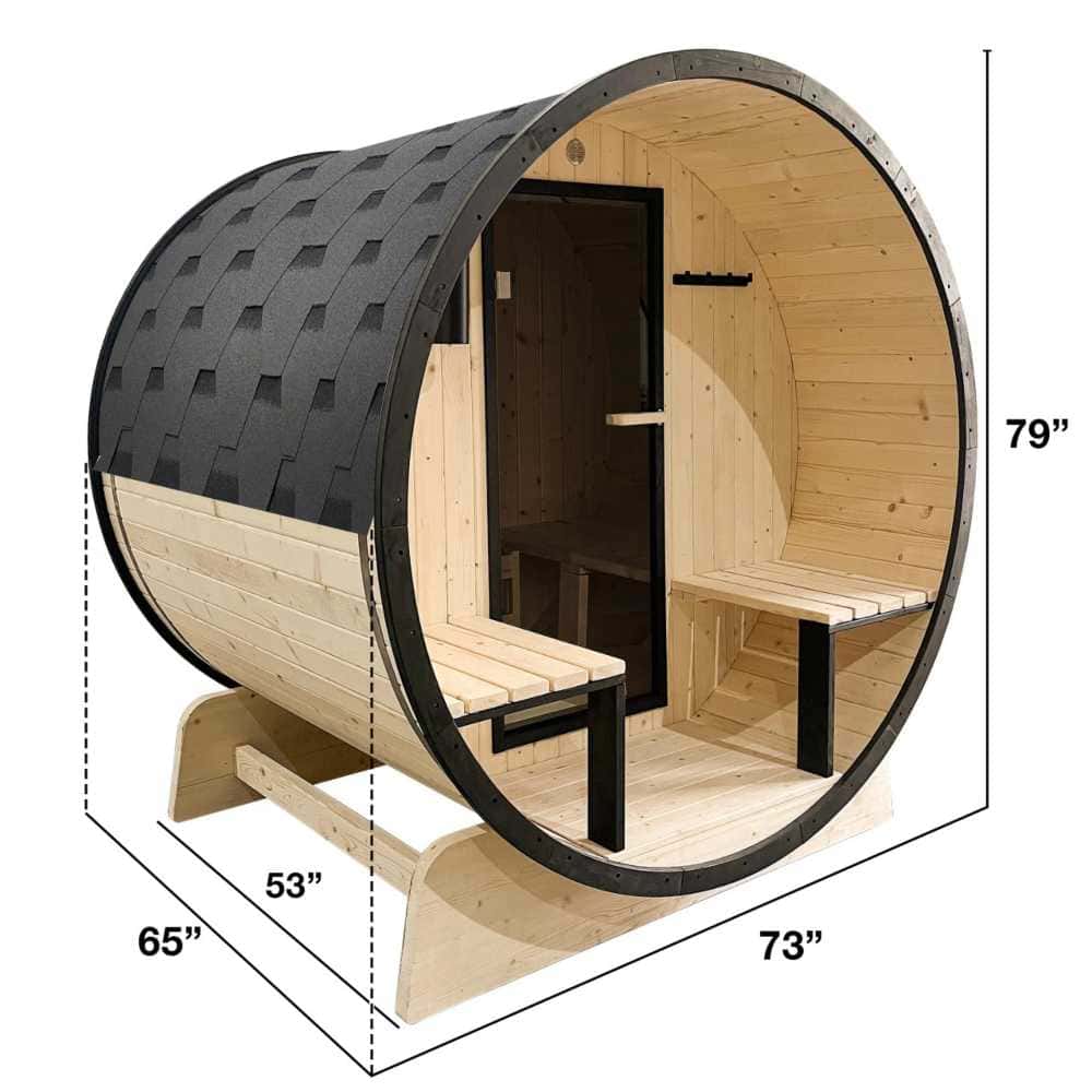 Aleko White Pine Barrel Sauna: 2-4 Person - Black Accents - Porch Canopy - Bitumen Shingle Roofing (SB4PINE-AP) - Image 5