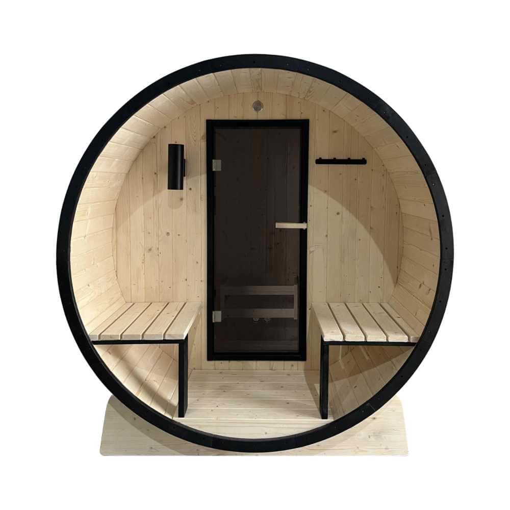 Aleko White Pine Barrel Sauna: 2-4 Person - Black Accents - Porch Canopy - Bitumen Shingle Roofing (SB4PINE-AP) - Image 3