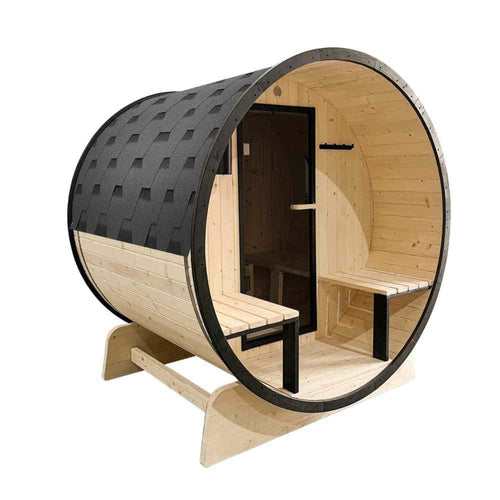 Aleko White Pine Barrel Sauna: 2-4 Person - Black Accents - Porch Canopy - Bitumen Shingle Roofing (SB4PINE-AP)