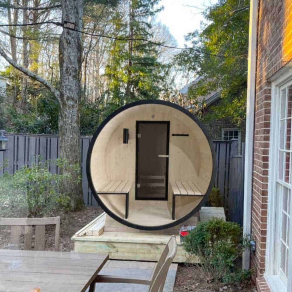 Aleko White Pine Barrel Sauna: 2-4 Person - Black Accents - Porch Canopy - Bitumen Shingle Roofing (SB4PINE-AP) - Image 2