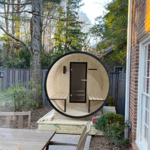 Aleko White Pine Barrel Sauna: 2-4 Person - Black Accents - Porch Canopy - Bitumen Shingle Roofing (SB4PINE-AP) - Image 2