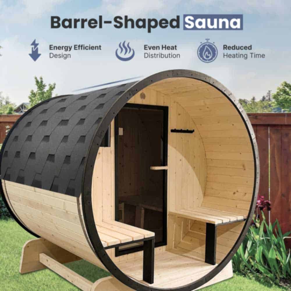 Aleko White Pine Barrel Sauna: 2-4 Person - Black Accents - Porch Canopy - Bitumen Shingle Roofing (SB4PINE-AP) - Image 7