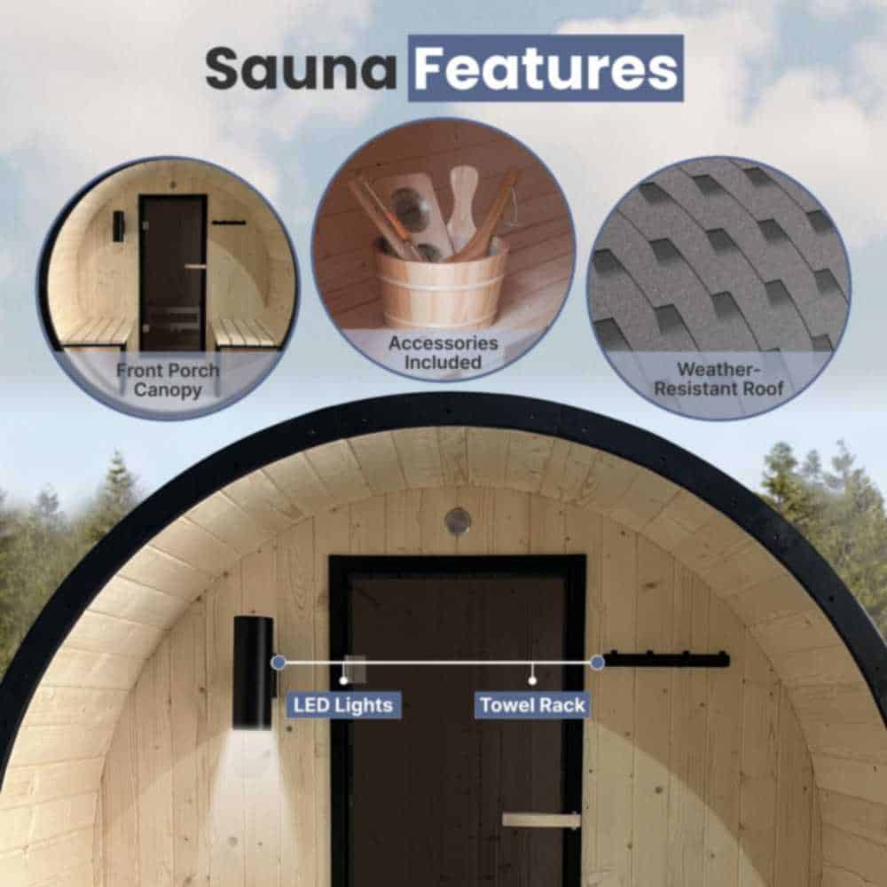 Aleko White Pine Barrel Sauna: 2-4 Person - Black Accents - Porch Canopy - Bitumen Shingle Roofing (SB4PINE-AP) - Image 9