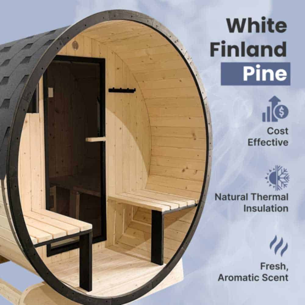 Aleko White Pine Barrel Sauna: 2-4 Person - Black Accents - Porch Canopy - Bitumen Shingle Roofing (SB4PINE-AP) - Image 8