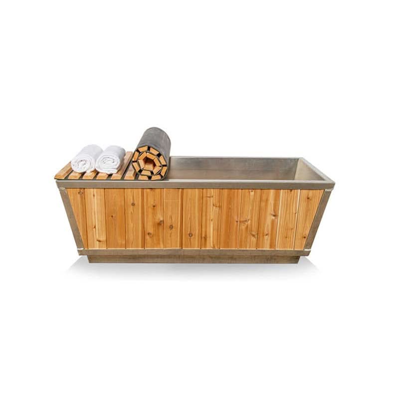 Dundalk Glacier Plunge Tub, red cedar exterior with stainless steel interior and roll-up cover