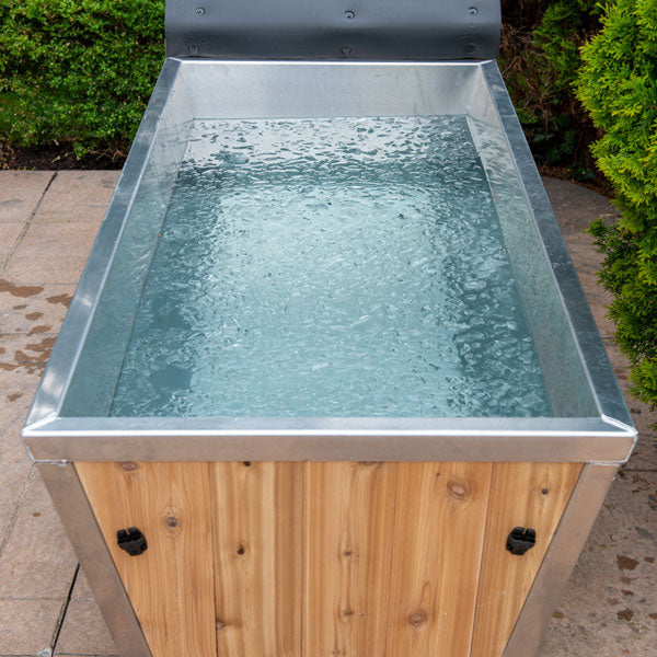Polar Plunge Tub filled with cold water, showing the 304 stainless steel interior